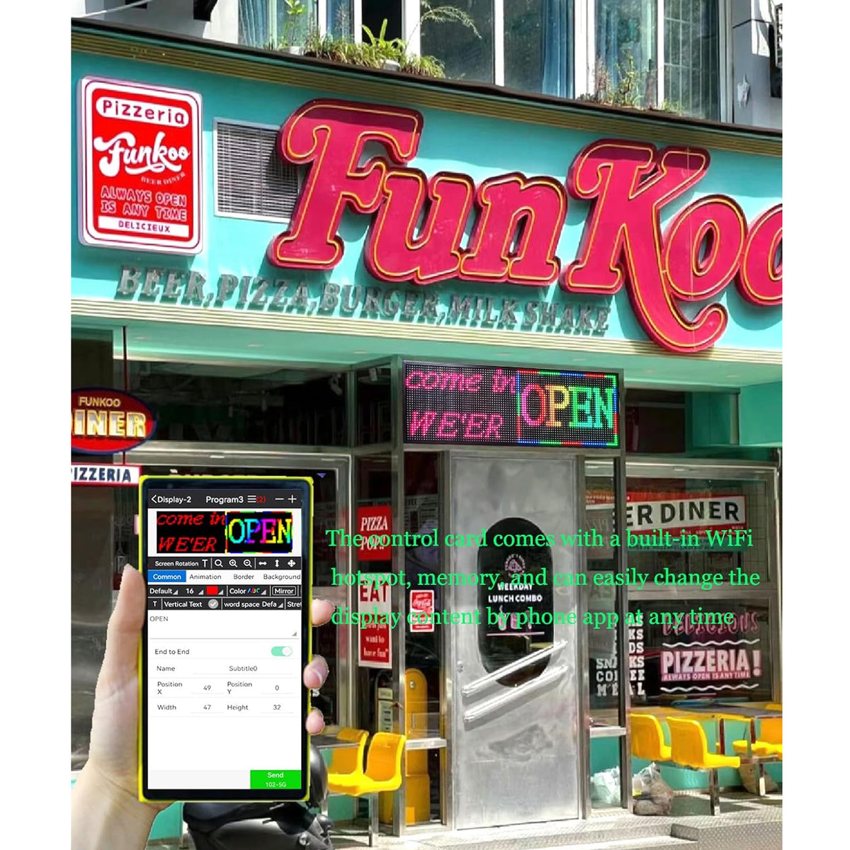 CX P10 Outdoor LED Scrolling Sign 39" x 14", WiFi Programmable RGB Text Message Board, High Brightness SMD LED Display for Storefront, Restaurant, School, Church and Business Notices