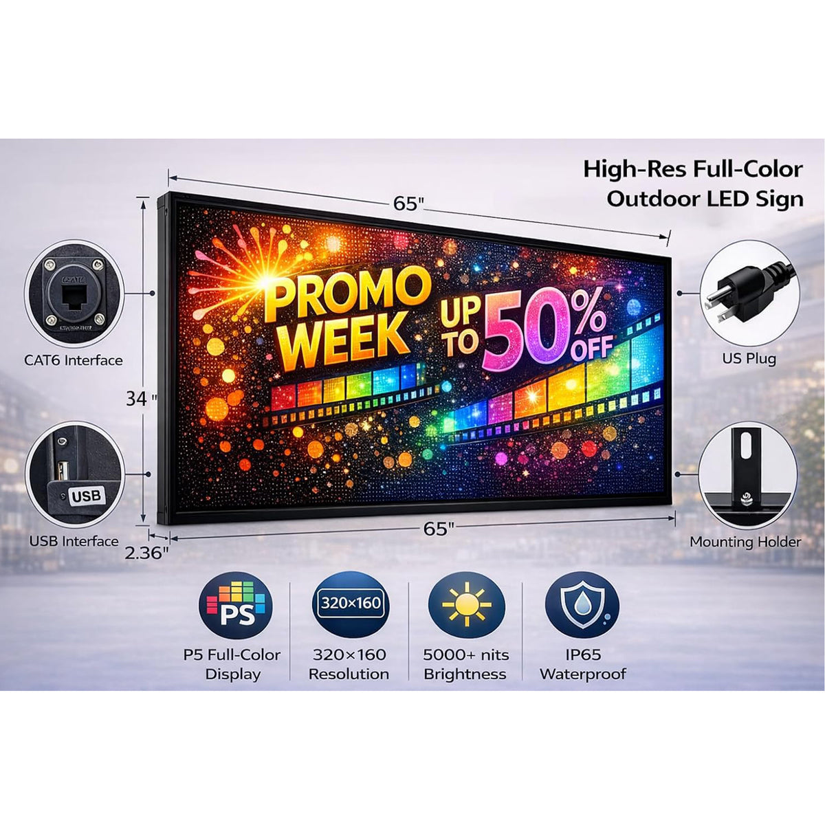 CX P5 Outdoor LED Advertising Board 65"×34" – Waterproof Digital Sign for Business Storefront