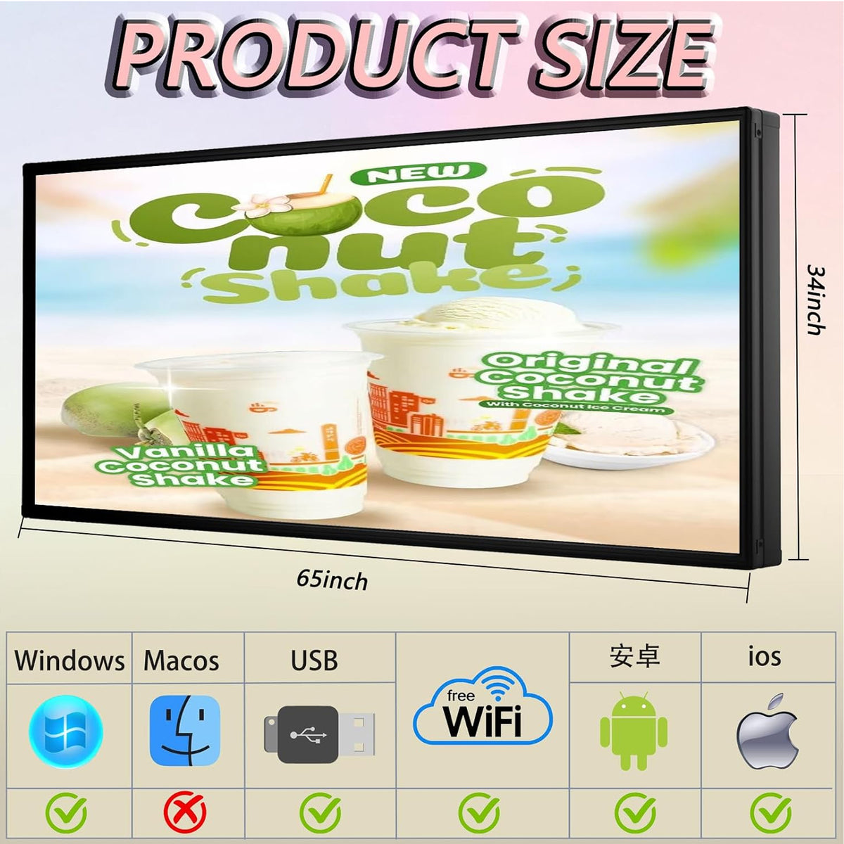 CX P5 Outdoor LED Sign 65" x 34"Full Color Programmable LED Display, IP65 Waterproof High-Brightness Digital Sign with WiFi & USB Control, Scrolling Text Image Video Message Board for Business Advertising